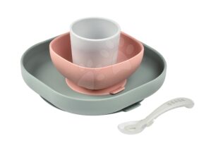 Étkészlet  Beaba Silicone meal set szilikonból 4 részes rózsaszin-bézs-szürke kisbabáknak