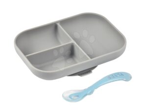 Étkészlet Silicone Grey Beaba 2-részes tányér és villa szürke szilikon