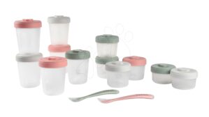 Szett 12 ételtároló Beaba Expert Meal & Food Storage Pack Eucalyptus 12 clip és 2 szilikon babakanál rózsaszín