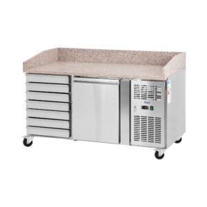 Hűtőasztal kerekekkel - 165 l - 1 rekesz - 7 fiók - 151 x 80 cm - B energiaosztály - rozsdamentes acél - Royal Catering