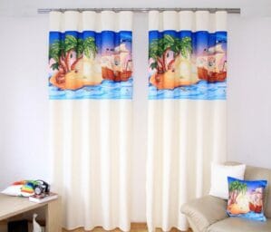 Krém-kék drapériák a gyerekszobába mesés nyomtatással Szélesség: 160 cm | Hossz: 250 cm (2 darabos készletben)
