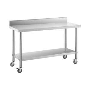 Rozsdamentes acél asztal kerekekkel - PREMIUM - 60 x 150 cm - 160 kg - hátsó perem - Royal Catering