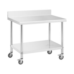 Rozsdamentes acél asztal kerekkel - PREMIUM - 70 x 100 cm - 155 kg - hátsó perem - Royal Catering