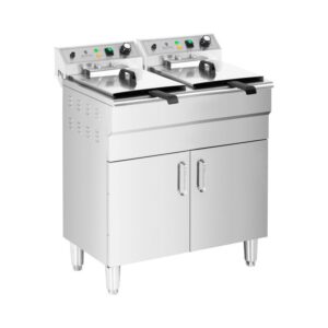 Elektromos dupla olajsütő 2 x 10 l - 10 000 W - 400 V - leeresztőcsap - hideg zóna - alapszekrénnyel | Royal Catering