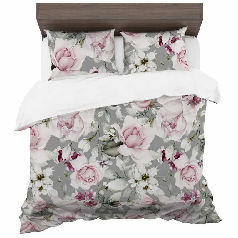 Szintetikus Pamut Ágynemű Rózsás Virágmintával – Szürke 2 Rész: 1 Db 140X200 + 1 Db 70X80