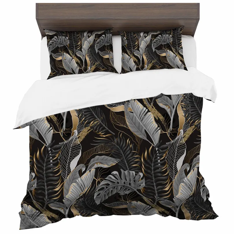 Szintetikus Pamut Ágynemű Trópusi Levelekkel – Fekete 2 Rész: 1 Db 140X200 + 1 Db 70X80