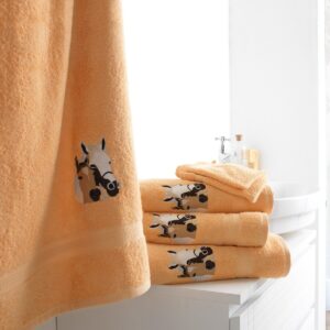 Frottír Fürdőszobai Textil Lóhímzéssel Sárgabarack Törölköző 50X100 Cm + Mosogatórongy