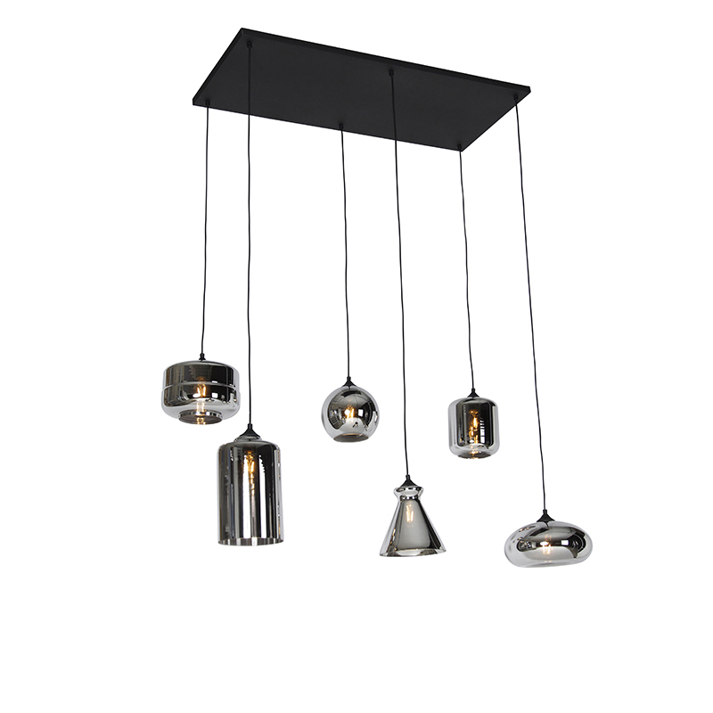 Art Deco Függőlámpa Fekete Füstüveggel 6 Lámpás - Wallace – Qazqa
