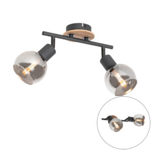 Mennyezeti Lámpa Fekete Füstüveggel És Fával 2 Lámpás - Vidro – Qazqa