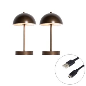 2 Db-Os Kültéri Asztali Lámpa Szett Gomba Alakú Sötét Bronz Újratölthető - Keira – Qazqa